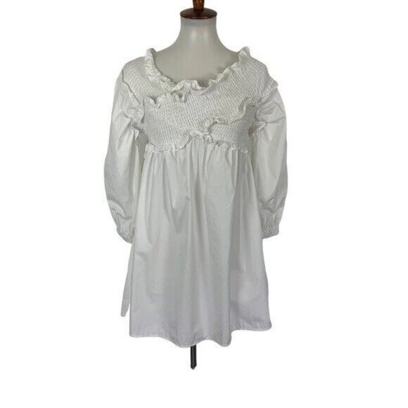 CLASSY White Cotton Ruffle Smocked Mini Dress Cottagecore Style Small - Picture 1 of 6